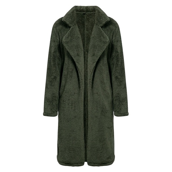 Olive Softest Teddy Plush Open Long Coat - Picture 2 of 3